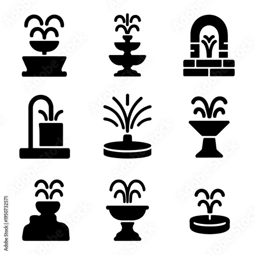Collection of fountain icons in various modern designs and styles