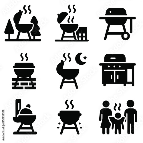 Barbecue icons: outdoor grilling symbols for family gatherings and cooking themes
