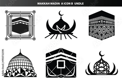 Vector icons for islamic holy sites kaaba, makkah, madinah mosques, black and white