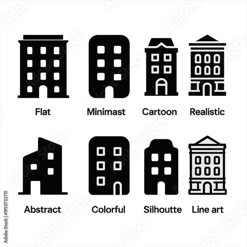 Diverse building icons in flat, minimalist, cartoon, and realistic styles