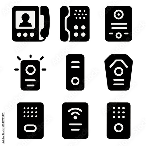 Set of nine modern intercom icons with various designs for communication systems