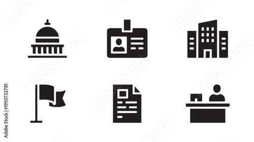 Government Office Icons Set City Hall ID Card Document Flag and Administration Symbols for Public Sector and Civic Services
