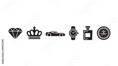 Luxury Icons Set Diamond Crown Sports Car Watch Perfume Coin Wealth Status Symbols Vector