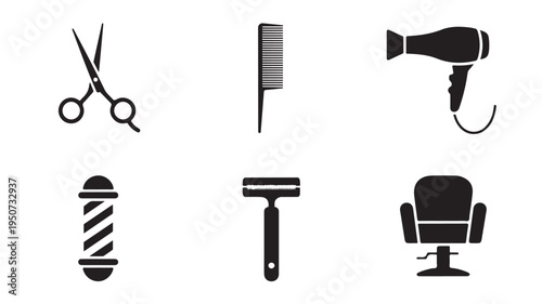 Barber Shop Tools Icons Set Scissors Comb Razor Pole Hair Dryer Chair Minimal Vector