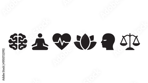 Mental Health Icons Set with Brain Meditation Lotus and Balance Symbols for Wellness and Mindfulness