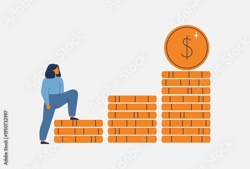 business woman climbs a staircase made of coins. Increasing women's income. Career advancement and financial security for females. vector illustration
