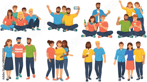 Happy Friends and Couples Vector Set with Diverse People Hugging, Group Selfie, Friendship Moments, Multicultural Relationships, and Social Lifestyle Illustrations