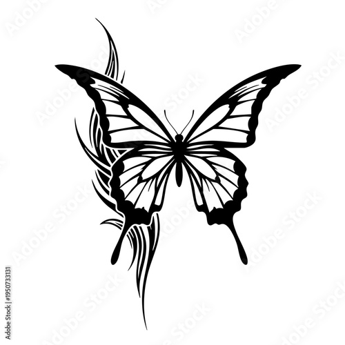 Black silhouette of a butterfly with leaf.