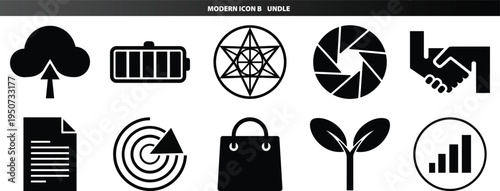 Cloud upload, battery, star, shutter, handshake icons data, energy, business