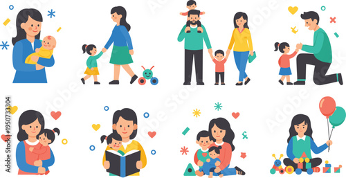 Mother and Children Parenting Moments Vector Set with Mom Hugging Baby, Reading Book, Playing Toys, Walking Together, and Happy Family Lifestyle Illustrations