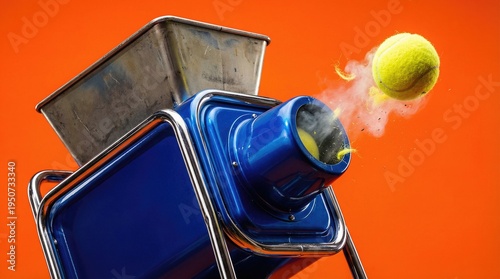 Blue metal machine shooting a tennis ball with smoke on orange background.