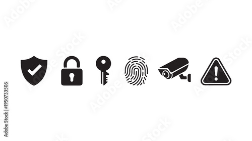 Security Icons Set with Shield, Lock, Key, Fingerprint, CCTV Camera and Warning Sign for Cybersecurity and Safety Systems
