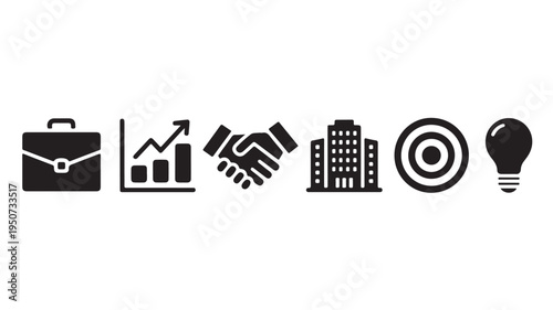 Business Icons Set with Briefcase Handshake Growth Graph Target Building and Light Bulb for Corporate Strategy and Finance