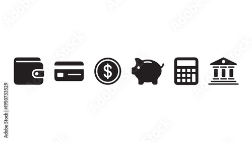 Financial Icons Set with Wallet Credit Card Dollar Sign Piggy Bank Calculator and Bank for Banking Investment and Budgeting