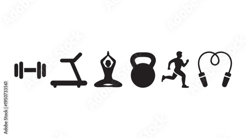 Fitness Icons Set with Dumbbell Treadmill Yoga Kettlebell Running and Jump Rope for Gym Workout and Healthy Lifestyle