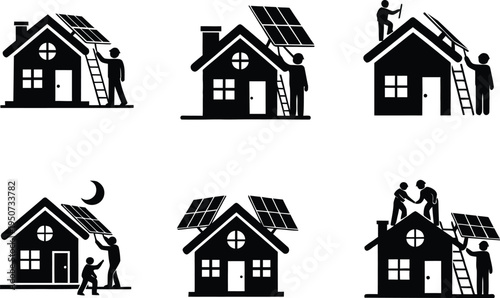 A comprehensive collection of black silhouette icons depicting various stages of home solar panel installation maintenance and residential green energy.