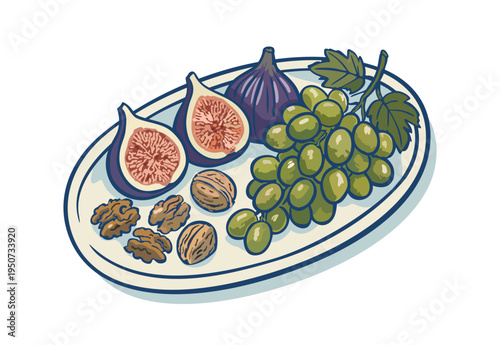 Walnuts, fig fruits and grapes on plate. Vector isolated illustration