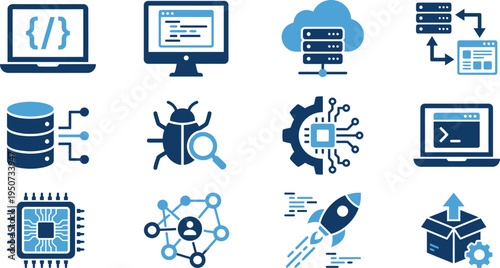 Modern technology icons illustrating software development, data management, cloud computing, networking, and digital innovation.