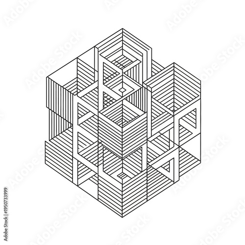 Geometric shapes in 3D cube structure.