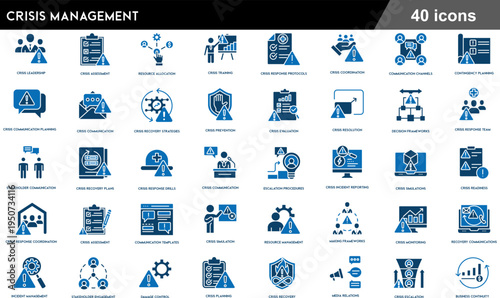 40 Crisis Management Icons Flat Solid Set for Emergency Planning and Risk Response