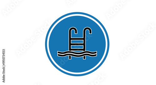 A blue circle logo with a white border featuring a black swimming pool ladder icon on wavy lines.