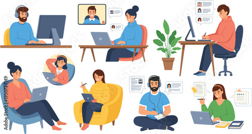Remote Team Collaboration Vector Set with People Working on Computers, Video Conference Meeting, Online Communication, Freelancers, and Modern Home Office Work Illustrations