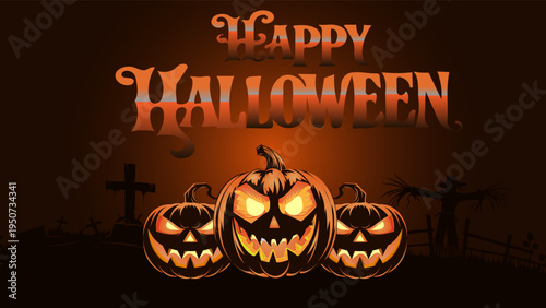 Happy Halloween illustration with scary glowing pumpkins, dark cemetery, scarecrow silhouette and spooky night background. Horror holiday banner with jack o lantern characters for party poster, greeti