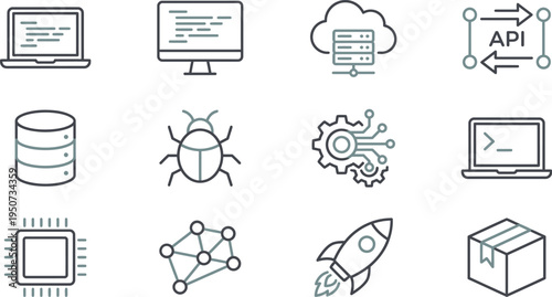 Twelve sleek line art icons representing essential concepts in software development and technology.