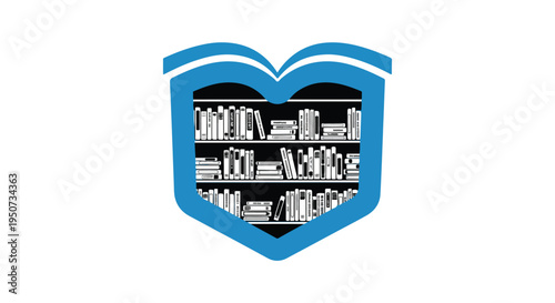 Logo of a blue shield with an open book containing white books on shelves inside.