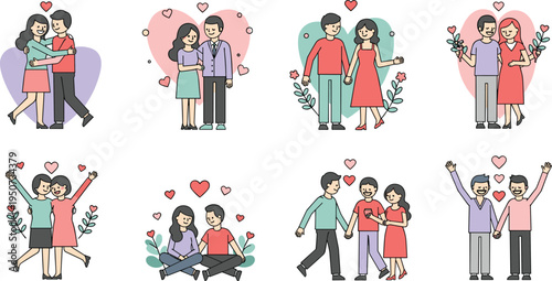 Romantic Couples and Love Relationships Vector Set with Hugging Partners, Dating Moments, Happy Couples, Heart Symbols, and Valentine Romance Illustrations