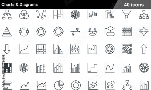 40 Charts and Diagrams Icons Minimalist Line Art for Data Visualization and Analytics