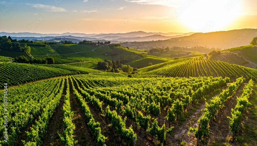 Naklejka premium Breathtaking aerial view of a sprawling vineyard featuring neat rows of lush grapevines cascading over rolling hills bathed in the warm glow of a golden sunset.