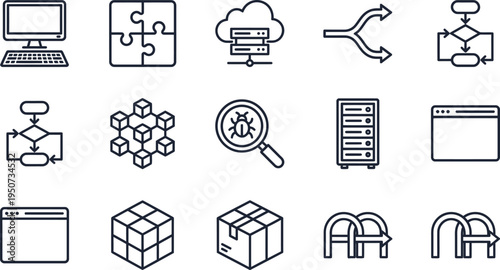 A comprehensive collection of technology and programming outline icons for web and application design.