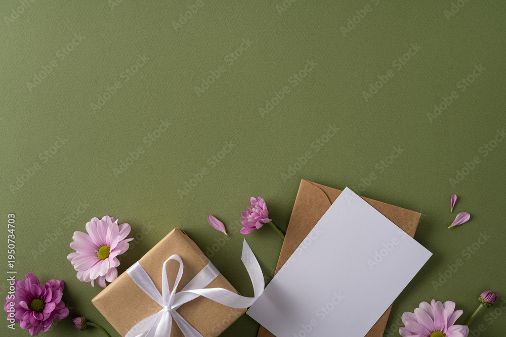Obraz premium Happy Mother's Day concept with a wrapped gift, blank greeting card and scattered pink flowers on a textured green backdrop conveying warmth, appreciation and gentle celebration