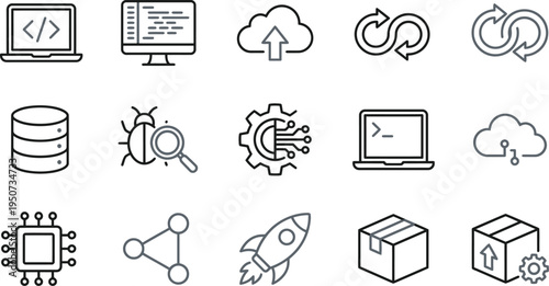 Collection of fifteen modern thin line icons representing software development and technology processes.