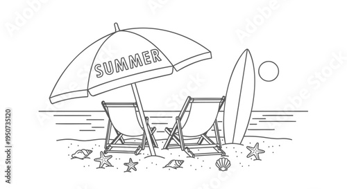 Vector illustration of beach scene with summer umbrella, chairs, and surfboard