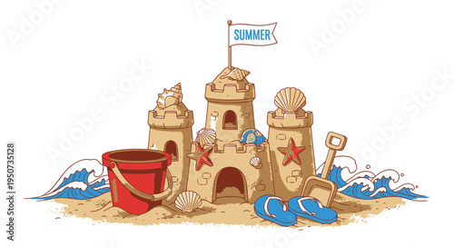 Vector summer sandcastle icon with beach accessories