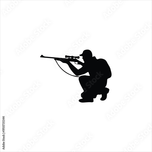 Silhouette of a Crouching Hunter Aiming a Scoped Rifle on White Background Keywords: hunter, silhouette, crouching