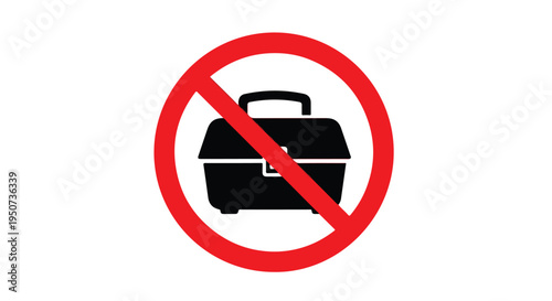 A graphic illustration of a black briefcase with a red prohibition sign on a white background.