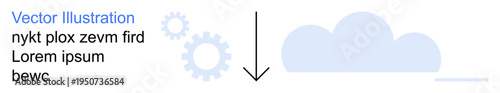 Technology, cloud storage, data transfer, innovation, network systems, software development. Two gears, a downward arrow and a cloud shape. Technology and cloud storage