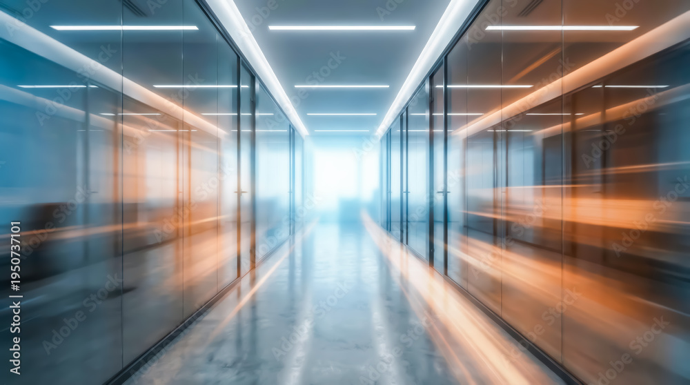 Fototapeta premium Modern office corridor with glass walls and motion blur effect representing fast business growth