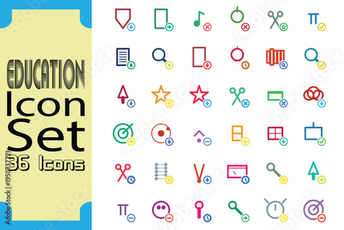 Colorful educational icon set featuring thirtysix diverse symbols for learning materials and digital content