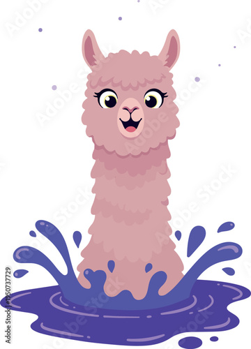 Cute Pink Llama Splashing in Purple Water Flat Design Minimalist Vector