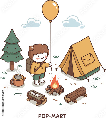 Cute Pixel Art Camping Scene with Person Balloon Tent Fire and Pine Tree