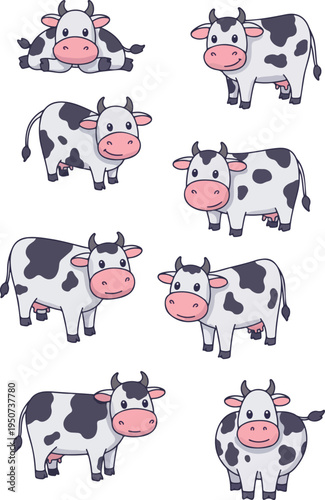 Cute Pixel Art Cows Set Flat Design Farm Animal Collection