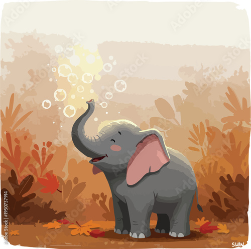 Cute Pixel Art Elephant Blowing Bubbles Autumn Forest Background Soft Light