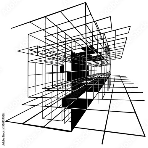 Wireframe 3D Geometric Architectural Model.