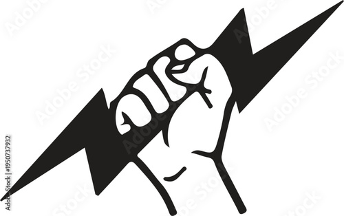 Powerful fist holding a lightning bolt, symbol of energy, strength, and revolution in black and white graphic design, Clenched Fist