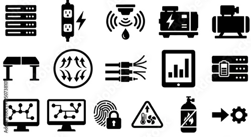 Solid black icons for data center management and IT infrastructure. Server racks, UPS units, and leak sensors collection. Vector illustration for network management apps, IT blogs, and technical infra
