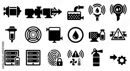 Solid black icons for data center liquid cooling and thermal management. Cold plates, immersion tanks, and leak sensors collection. Vector illustration for IT infrastructure apps, cooling tech blogs, 